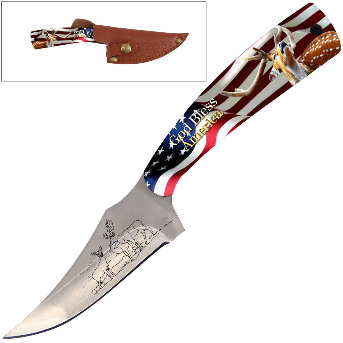 7" Full Tang Fixed Blade Knife American Deer Handle for Hunting, Skinning - TOPHATTER'S ARMORY DEALS