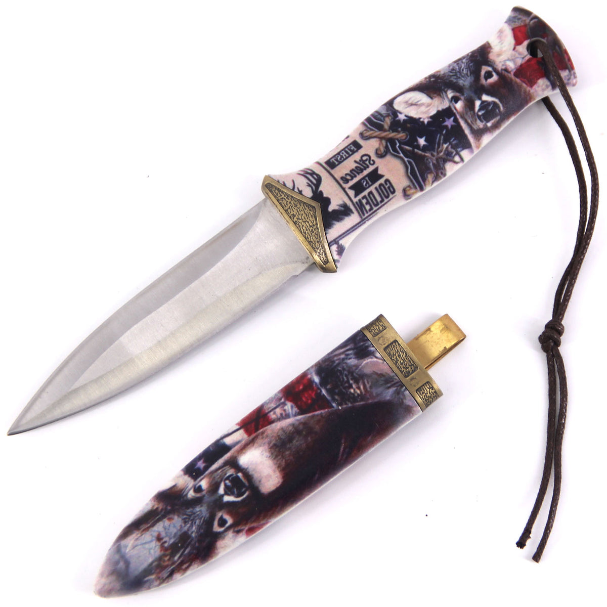 8 Inch Double Edge USA Flag with Deer Boot Knife With Clip - TOPHATTER'S ARMORY DEALS