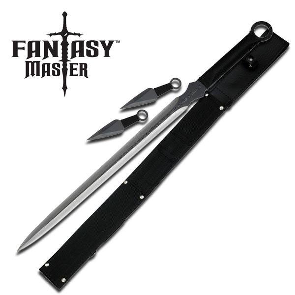 Black Silver Blade Double Edge with 2 Kunai Throwing Knives Ninja Sword Set
