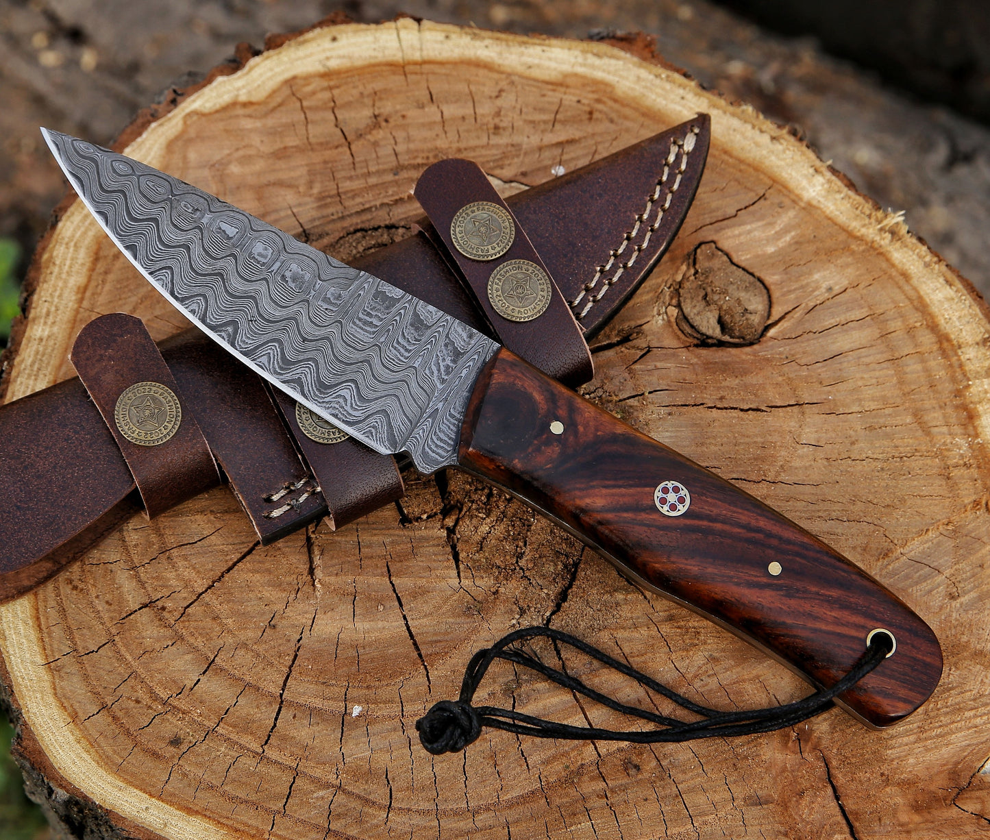 9.6" Damascus Steel Custom Handmade Rose Wood Handle Hunting Skinning Knife