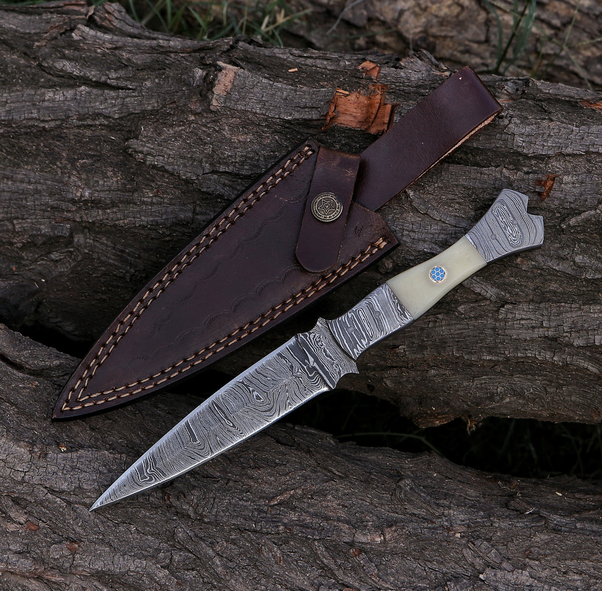 10" Damascus Steel Custom Handmade Bone Handle Hunting Dagger Knife - TOPHATTER'S ARMORY DEALS