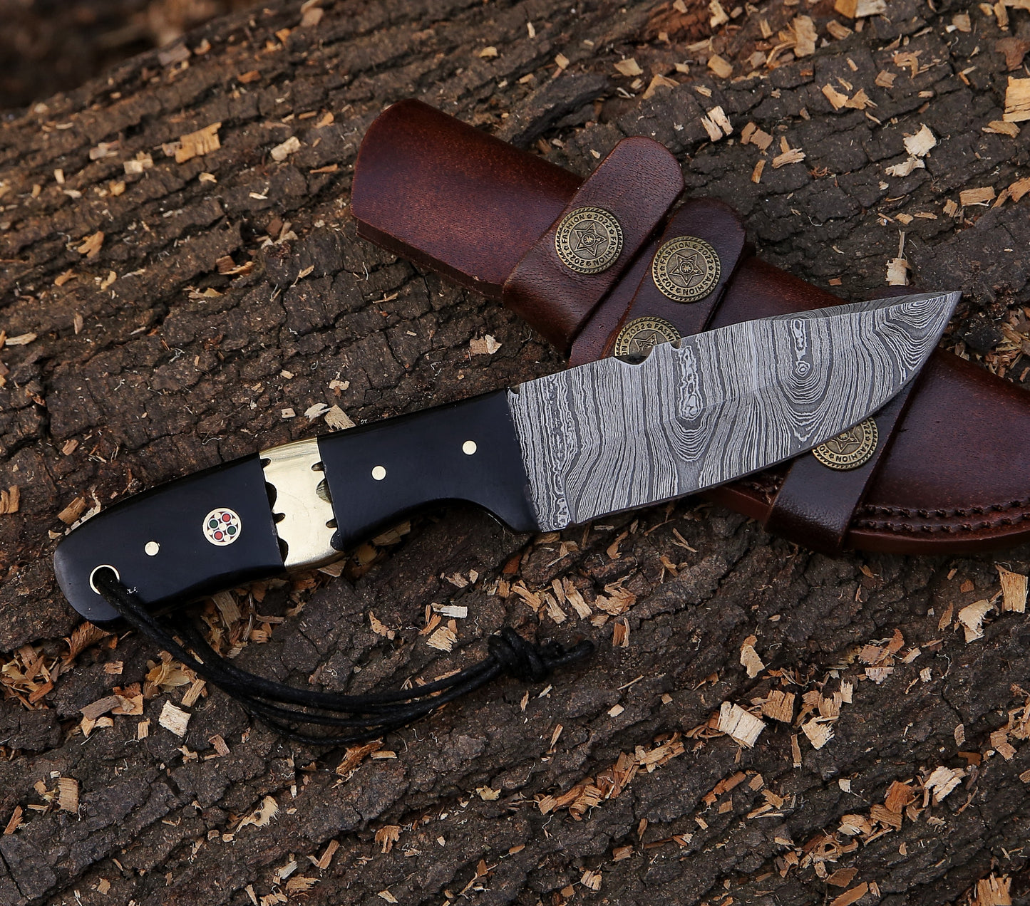8.29" Damascus Steel Custom Handmade Horn Handle Hunting Skinning Knife