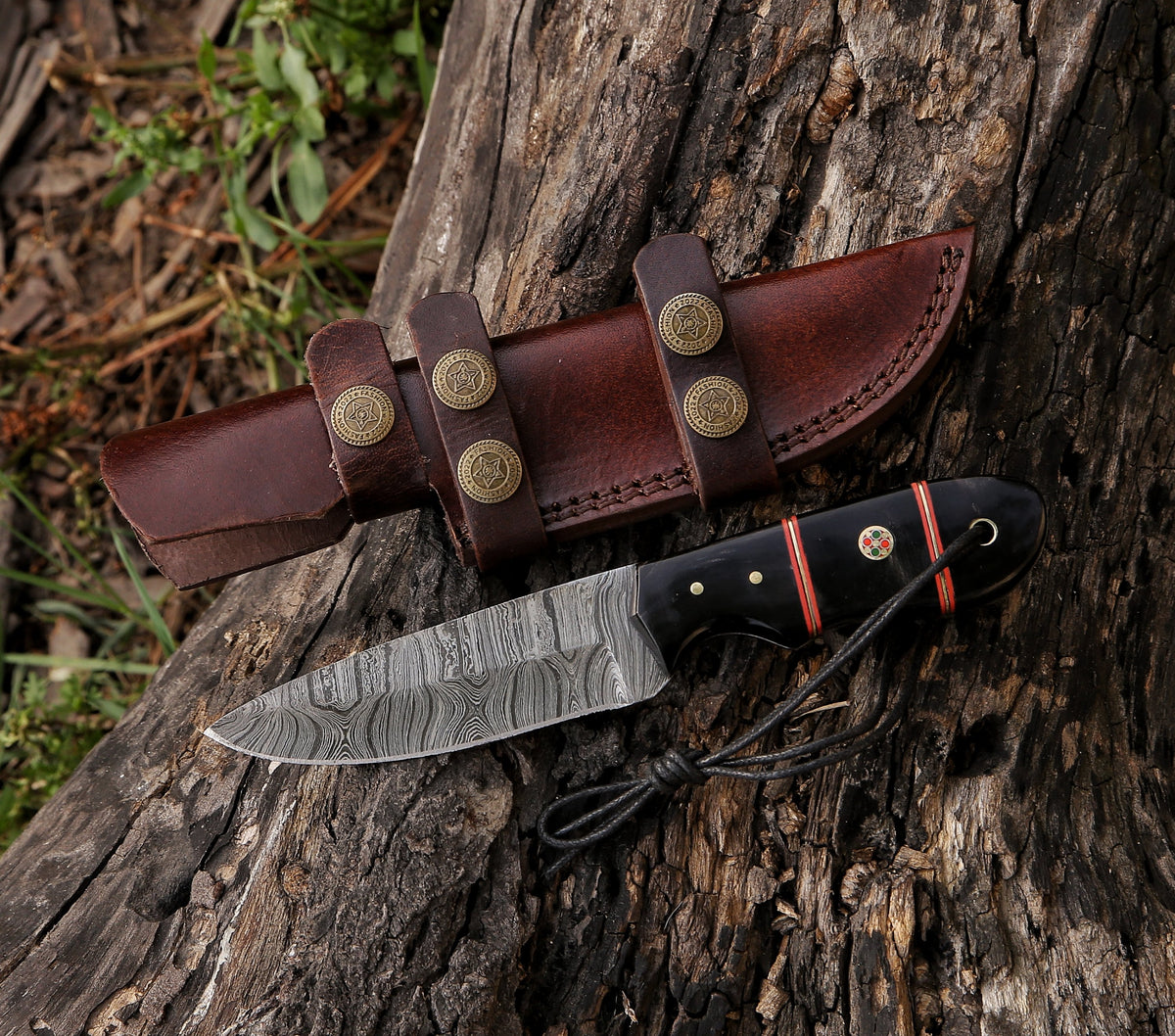 8.2" Damascus Steel Custom Handmade Black Horn Handle Hunting Skinning Knife - TOPHATTER'S ARMORY DEALS