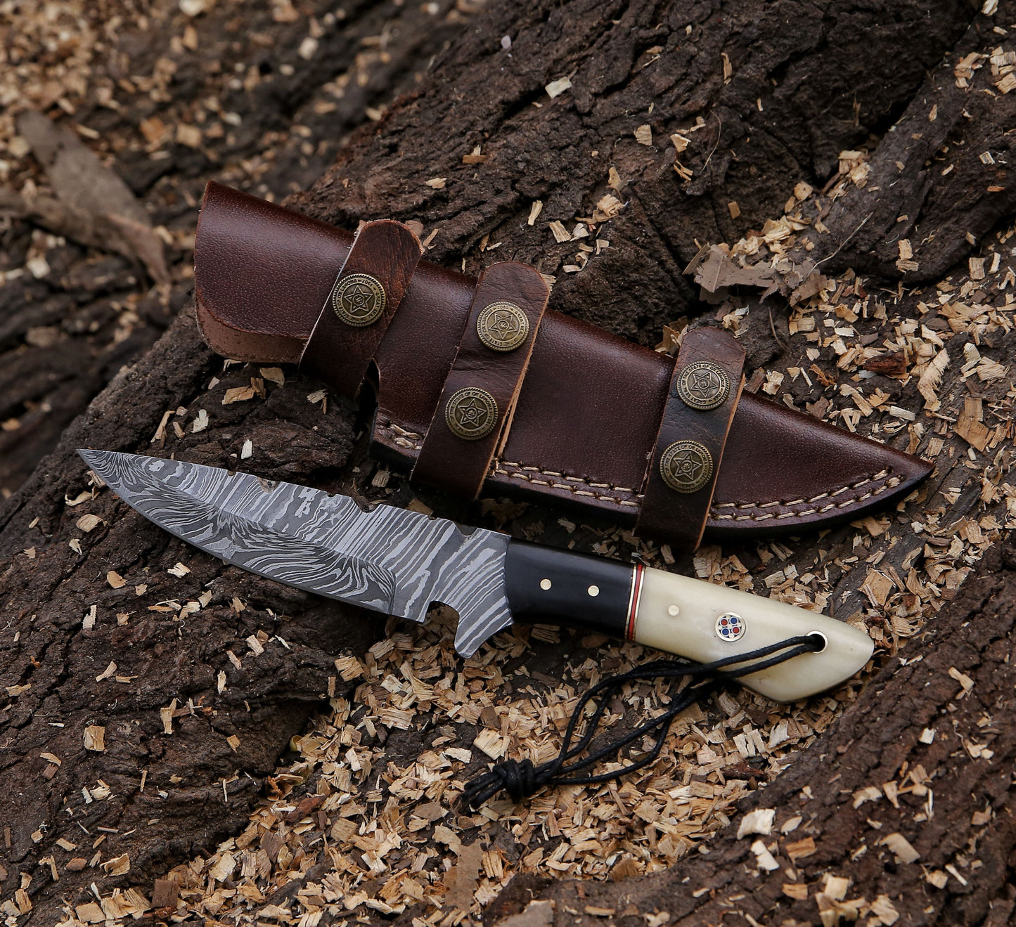 9" Damascus Steel Custom Handmade Bone Handle Hunting Skinning Knife