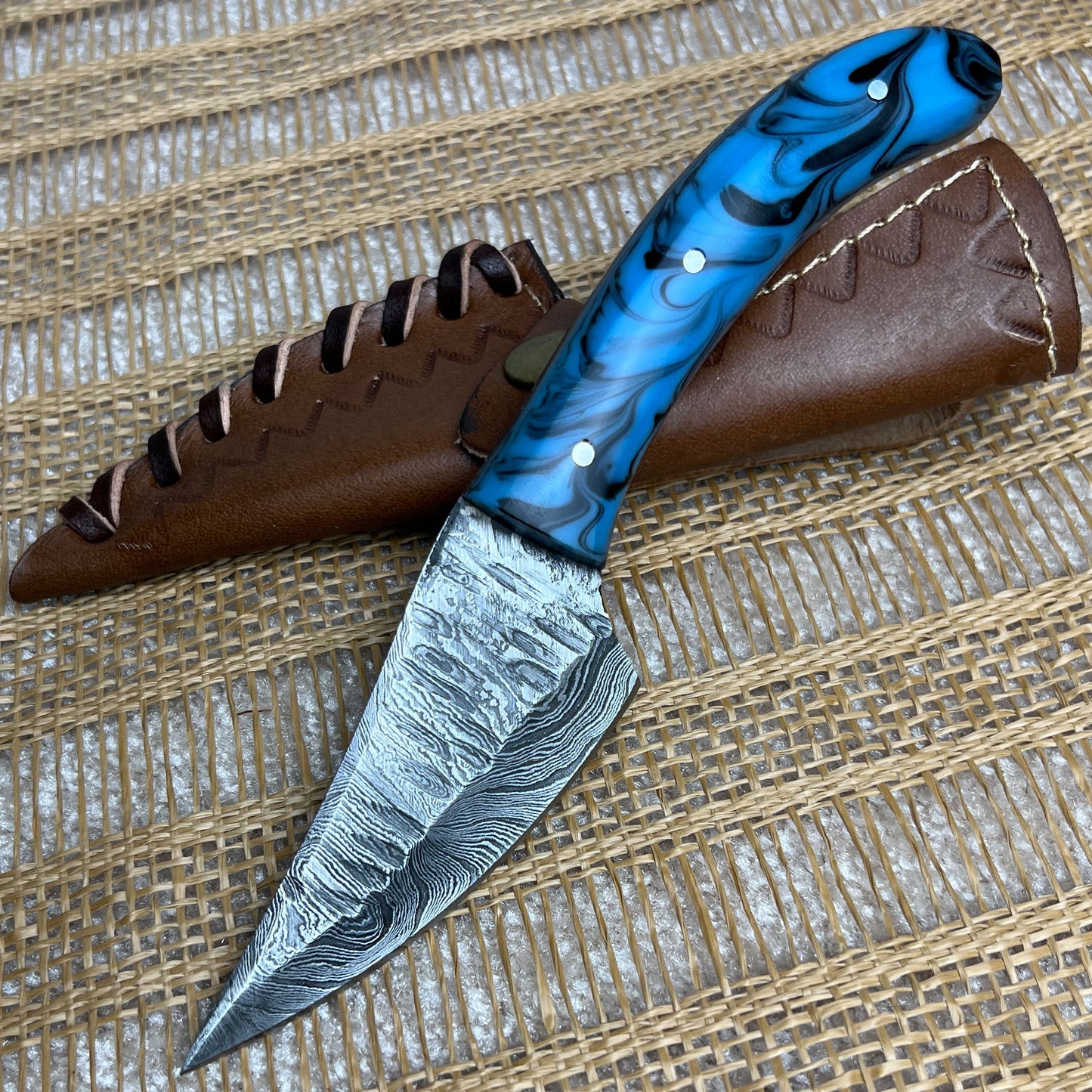 8" Damascus Steel Custom Handmade Hunting Skinning Knife Blue
