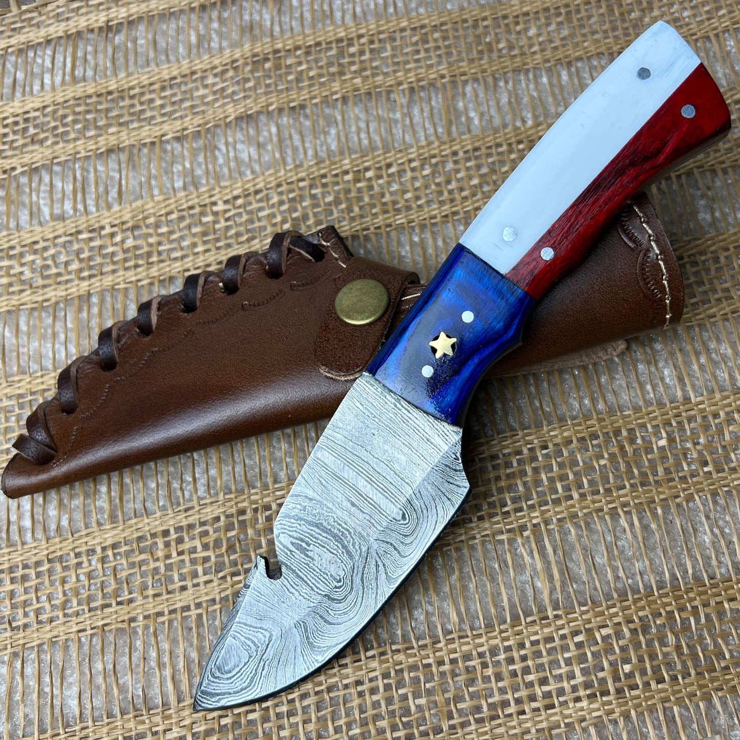 Damascus Steel Custom Handmade Hunting Gut Hook Knife 8"