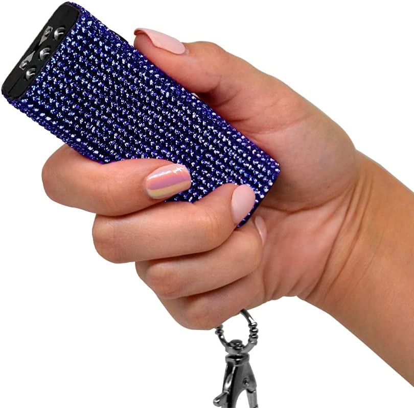 Bling It On Mini Rhinestone Stun Gun Keychain with LED Flashlight Rechargeable Blue