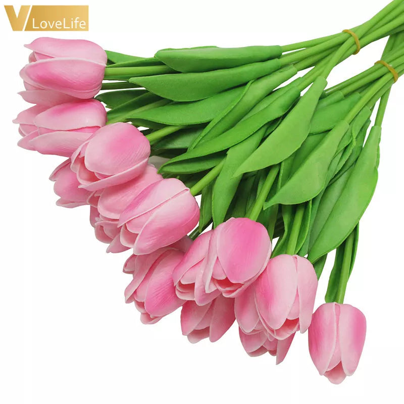 Real Touch Pink Tulip Bouquet - Set of 10 Artificial Mini Tulip Flowers