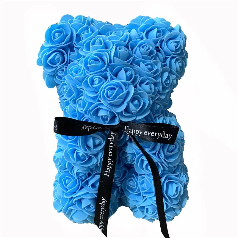 Blue Foam Rose Bear - 25cm Artificial Rose Flower Teddy Bear