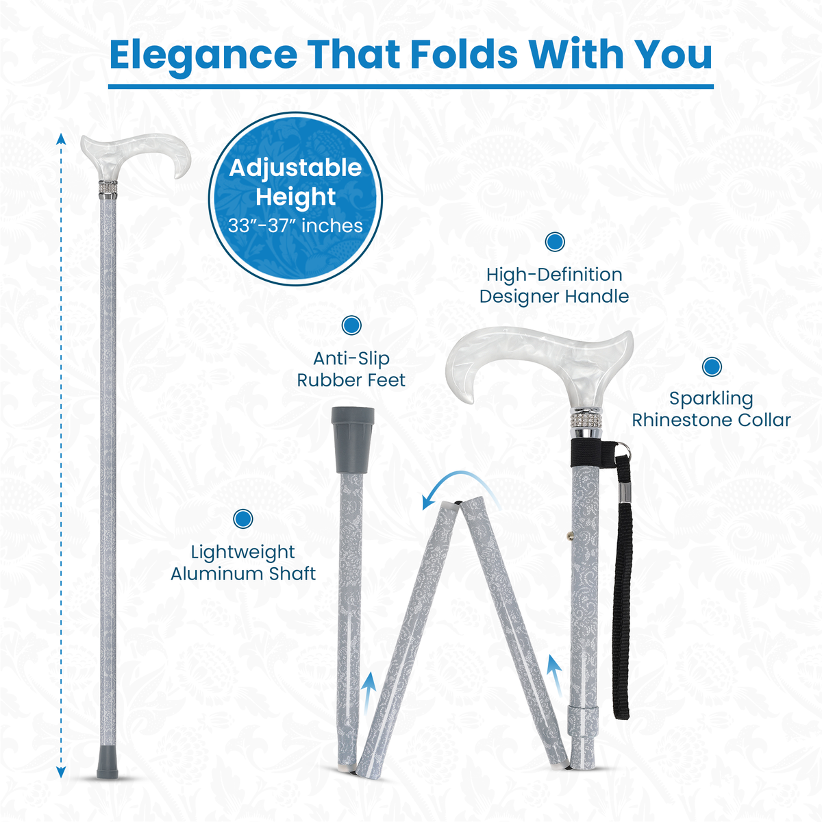 Graceful Lace Pearlz Folding Designer Adjustable Cane w/ Rhinestone collar