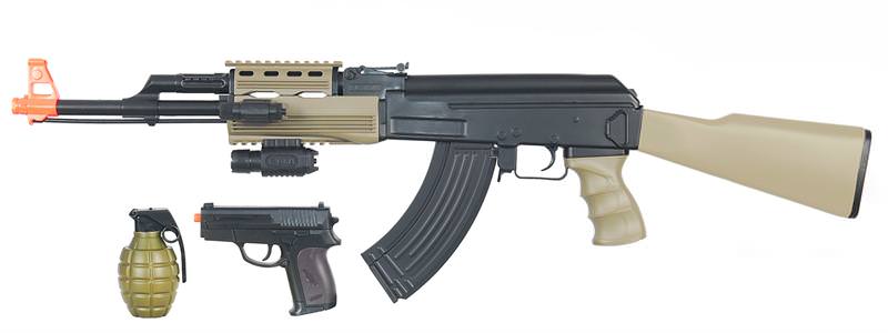 AK-47 Tactical Airsoft AEG Rifle w/ Pistol & BB Grenade ( Tan ) Electric Gun
