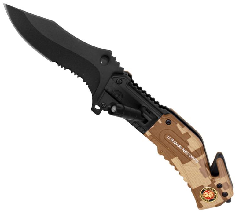 Marines Rescue Folder Spring Assist Knife With LED Light - TOPHATTER'S ARMORY DEALS