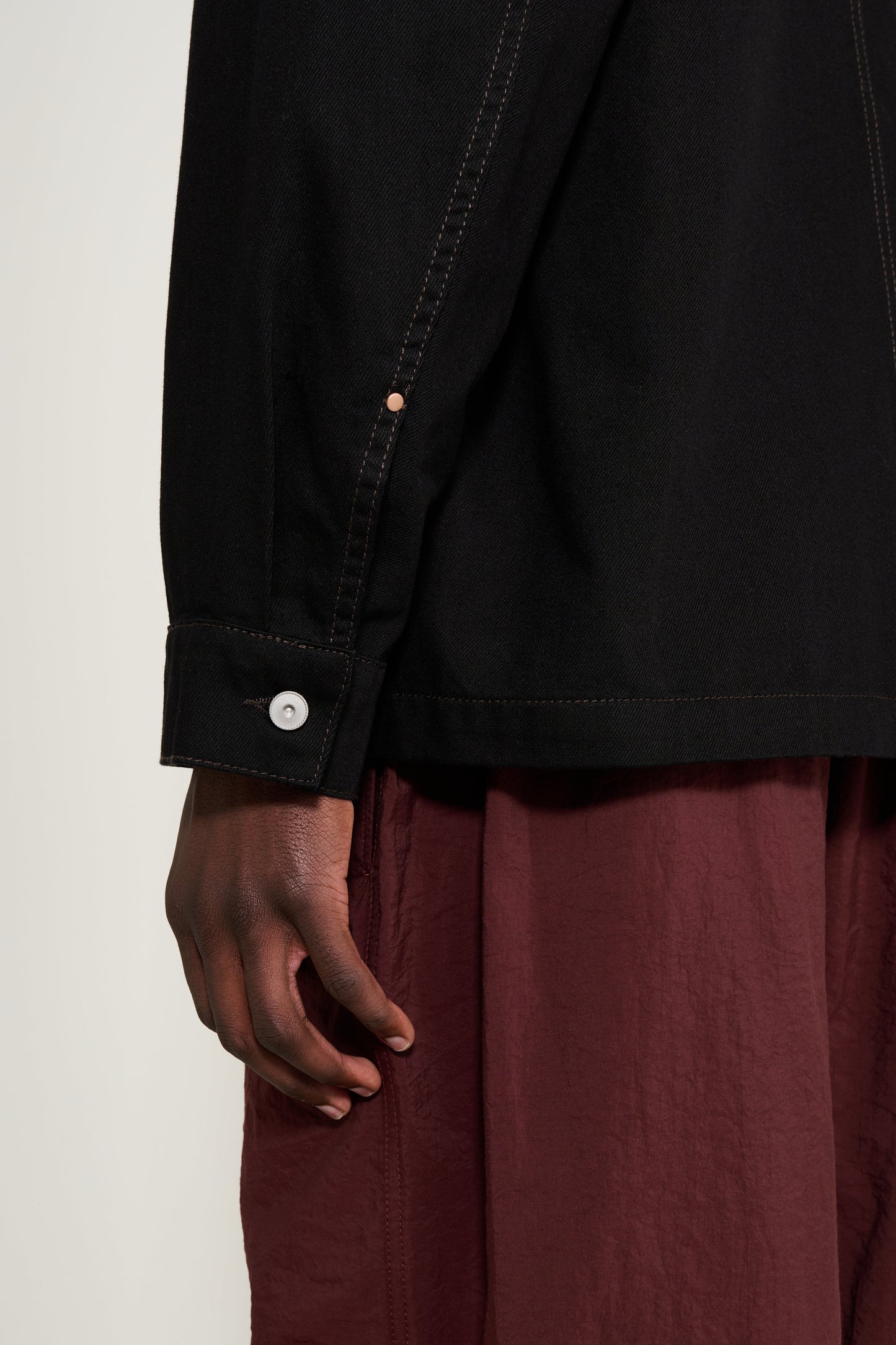 Lemaire Workwear Overshirt Jacket With Leather Collar Black