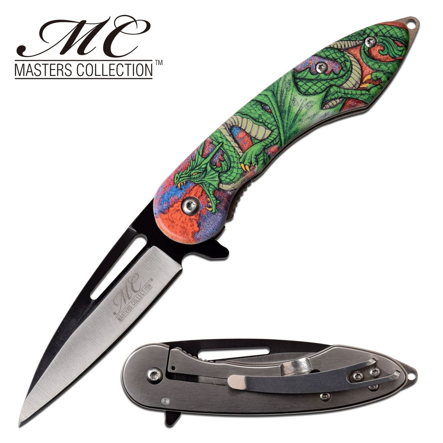 3" Blade Embossed Fantasy Green Dragon Tactical Spring-Assist Folding Pocket Knife