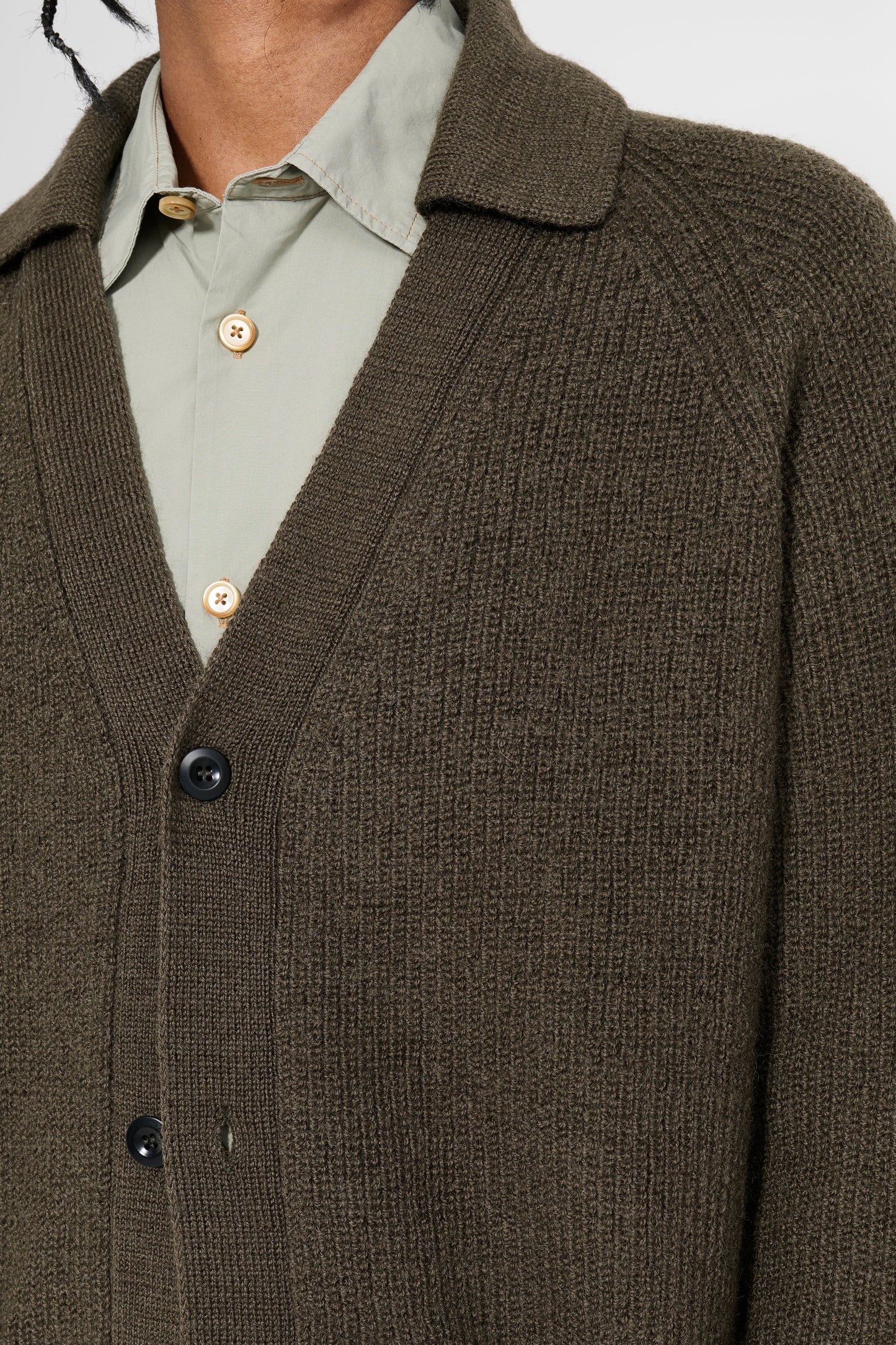 Margaret Howell MHL Collared Cardigan Virgin Wool Dark Olive