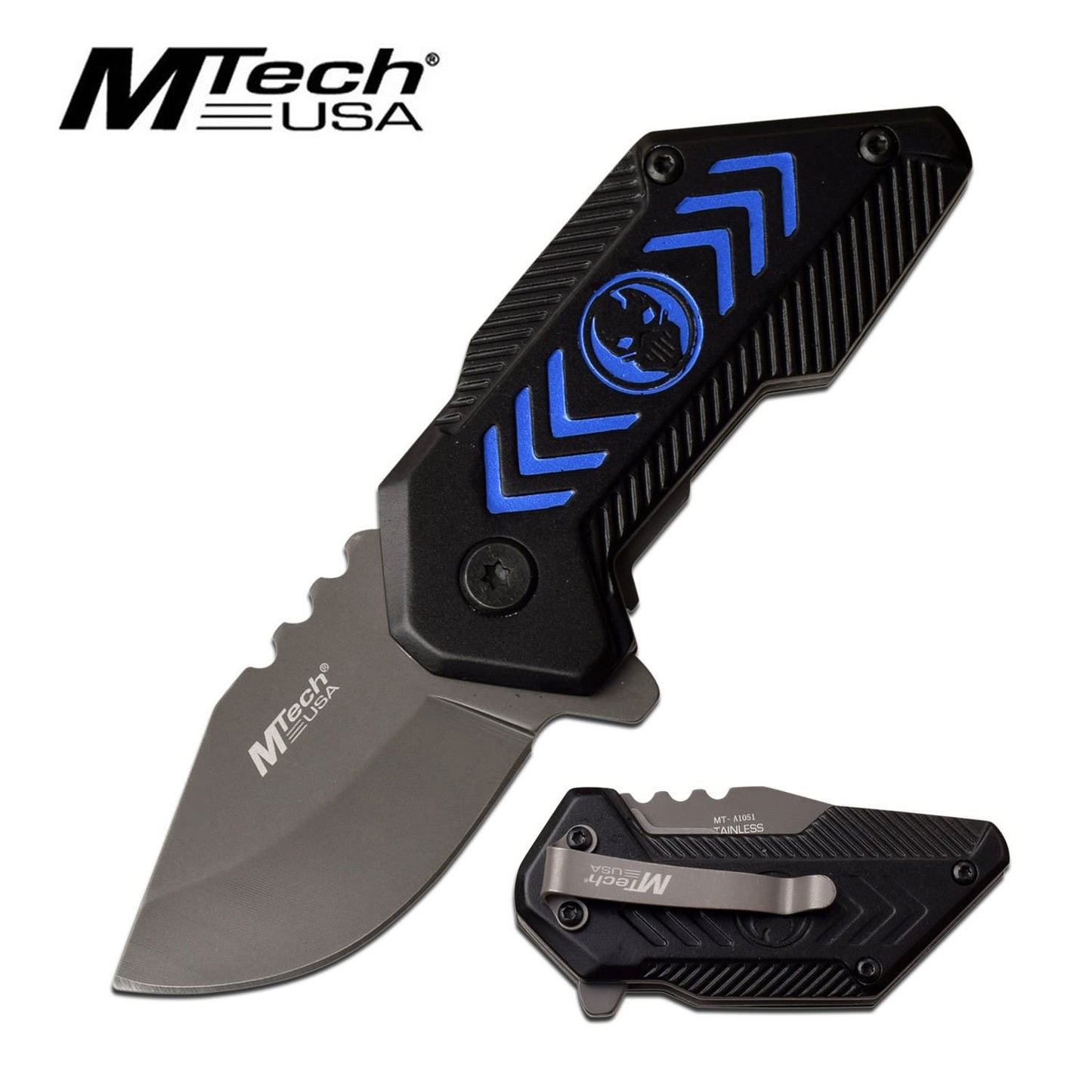 Mtech Compact 1.75" Blade Black Blue Skull Spring-Assist Folding Knife