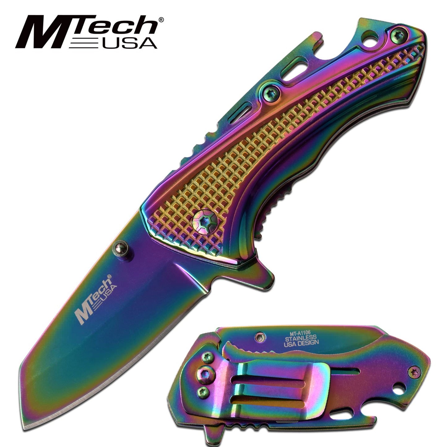 Spring Assist Pocket Knife Bottle Opener Aluminum Handle Rainbow