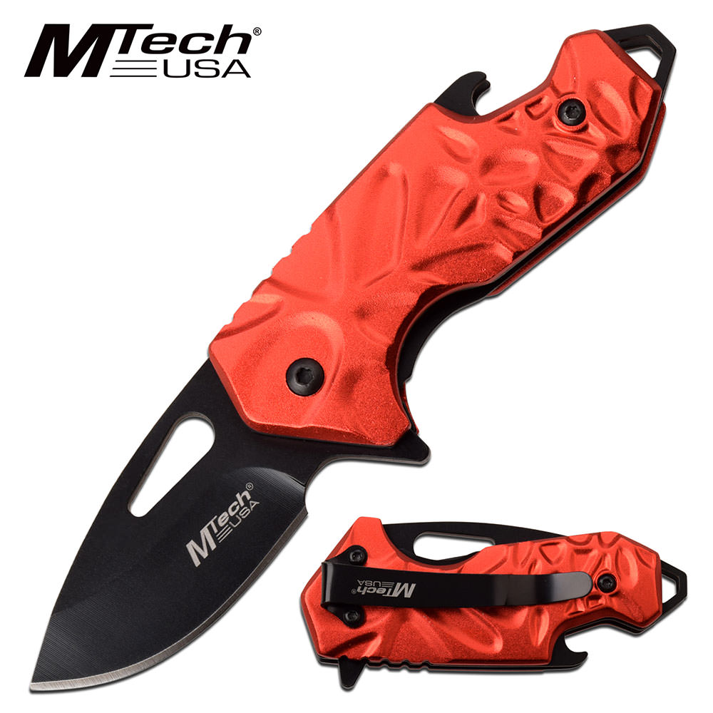 Mtech Red 2" Blade EDC Bottle Opener Tactical Spring-Assist Folding Knife