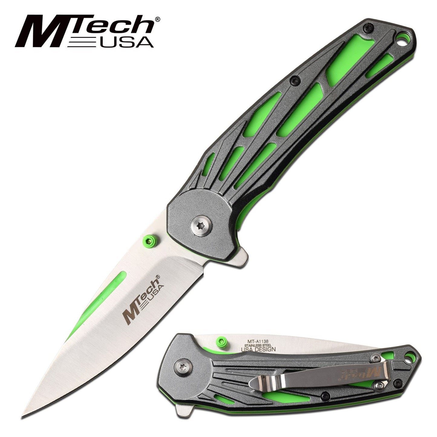 Mtech 3.5" Blade Neon Green Gray Tactical EDC Spring-Assist Folding Knife