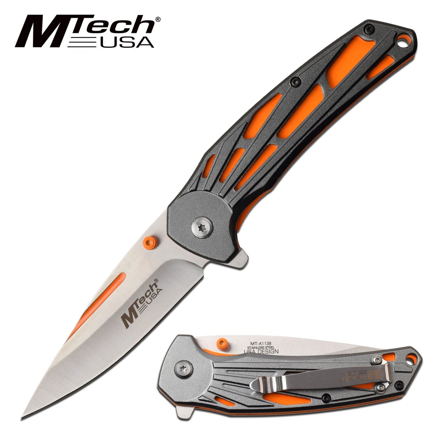Mtech 3.5" Blade Neon Orange Gray Tactical EDC Spring-Assist Folding Knife