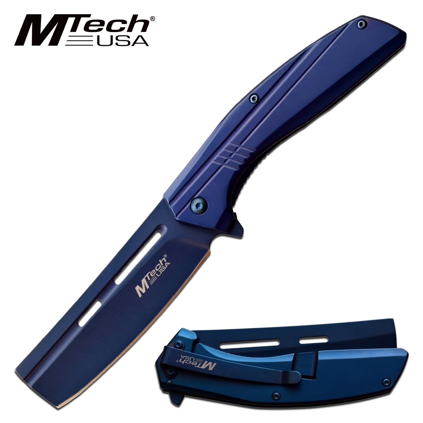 Spring-Assist Folding Knife 3.5" Cleaver Blade Stainless Steel - Blue