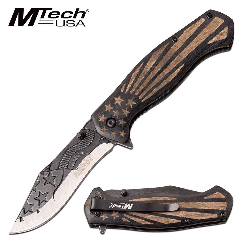 Mtech Pocket Knife American Flag Spring Assisted Knife Black Pakkawood