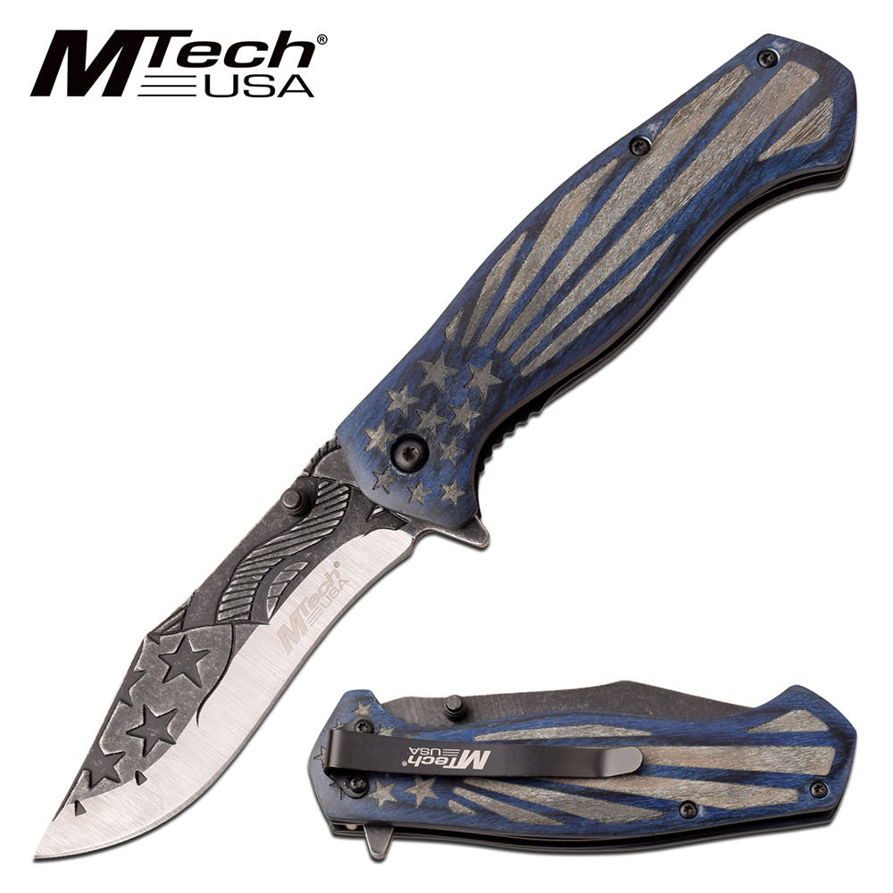 Mtech Pocket Knife American Flag Spring Assisted Knife Blue Pakkawood