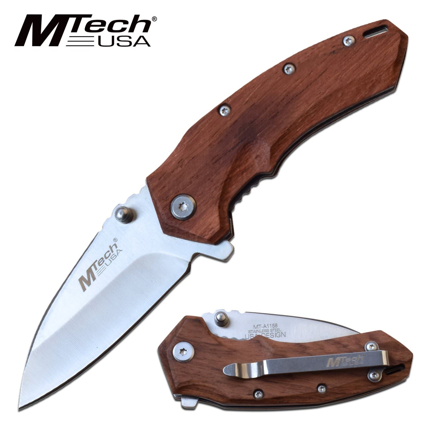 Spring Assist Folding Knife MTech 6.5" Overall Brown Wood Tactical