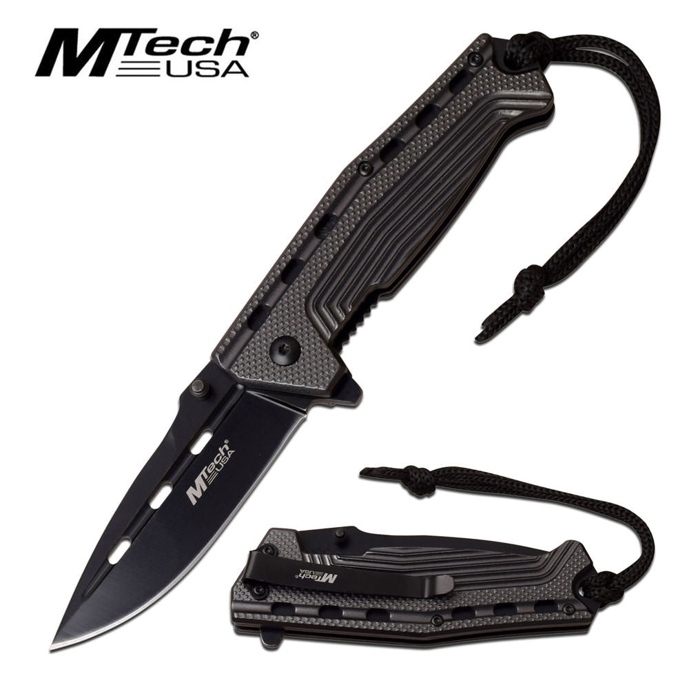 Mtech 3.5" Black Blade Gray Tactical Lanyard Spring-Assist Folding Knife