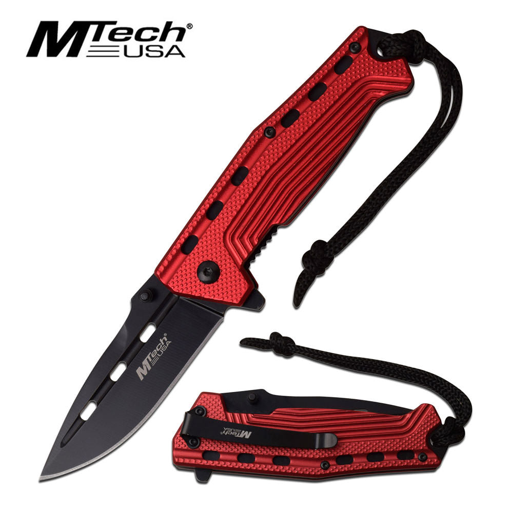 Mtech 3.5" Black Blade Red Tactical Lanyard Spring-Assist Folding Knife