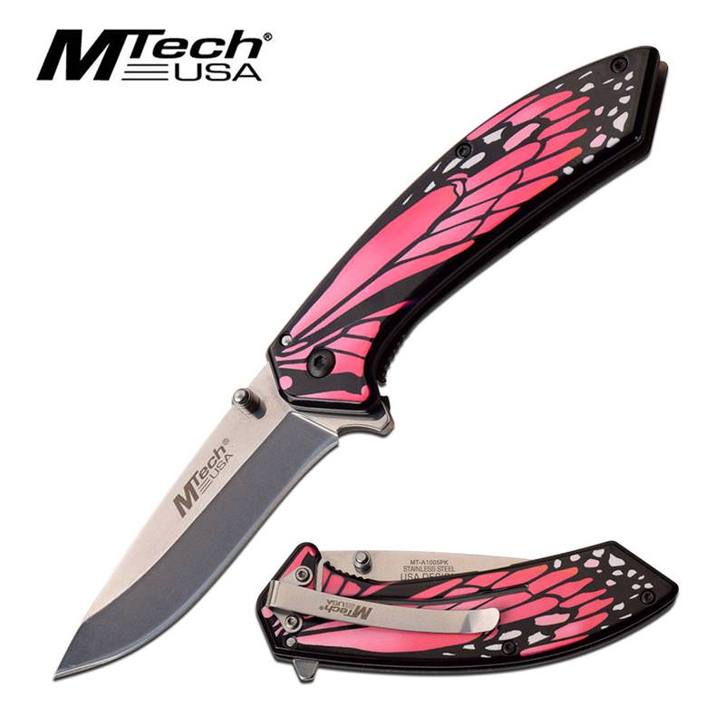 Mtech Pink Monarch Butterfly Wing Spring Assisted Folding Knife