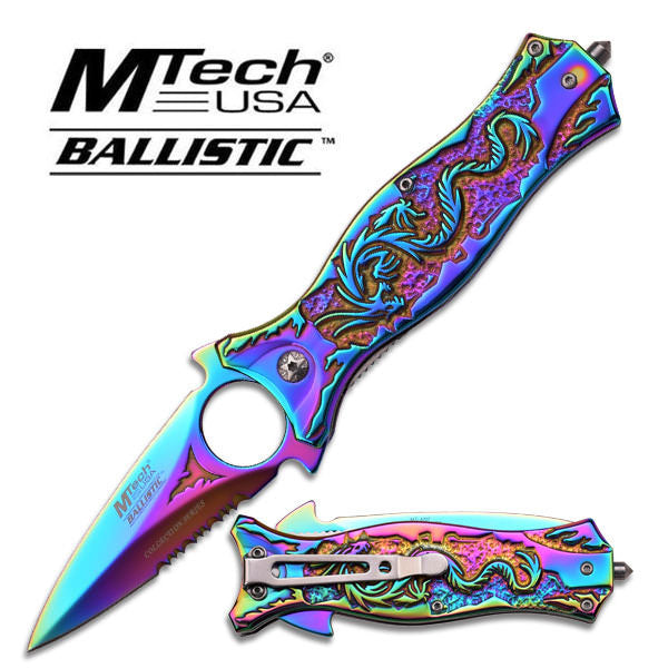 Mtech Rainbow Dragon Serrated Spring Assisted Dagger Folding Knife