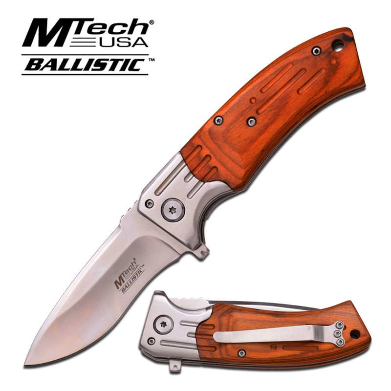 Mtech Brown Wood Silver Plain Blade Spring Assisted Knife EDC - TOPHATTER'S ARMORY DEALS
