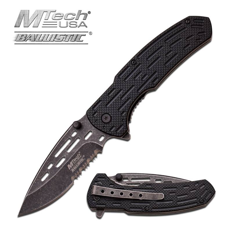 Mtech Serrated Blade Spring Assist Knife Stonewash Finish Metal Handle