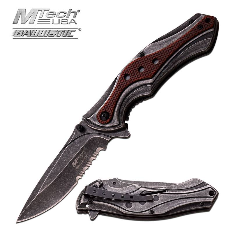 5 Inch Closed Mtech Ballistic Wood Handle Spring Assisted Opening Knife