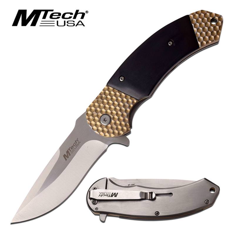 M-Tech Bruiser Gold Pakkawood Spring Assisted Knife - Satin Plain Blade - TOPHATTER'S ARMORY DEALS