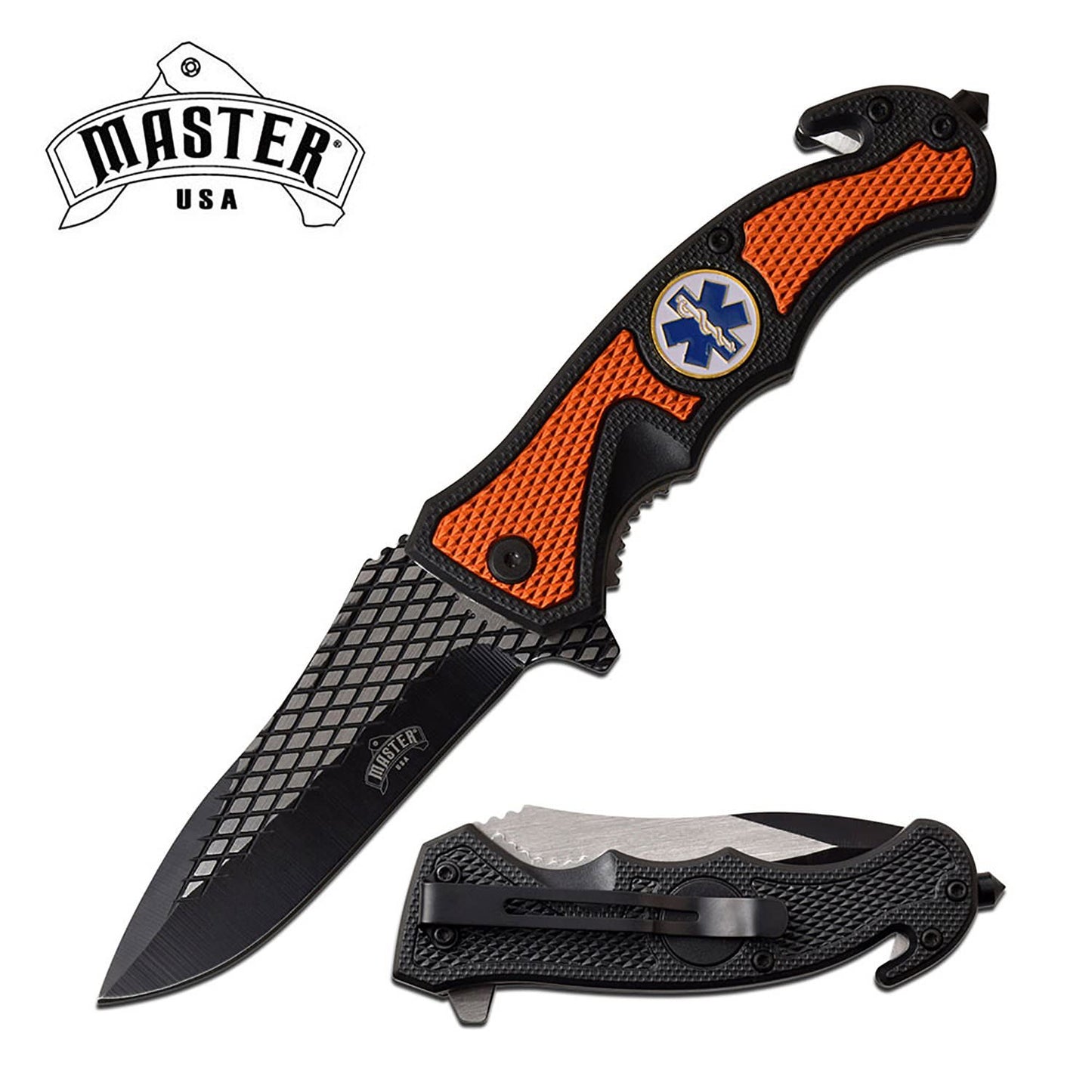 Spring Assist Folding Knife Black Orange EMT Paramedic 3.5" Blade Rescue