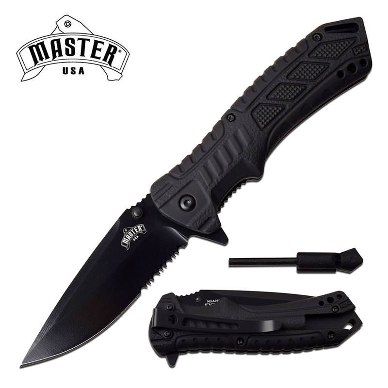 Survival Folding Knife 3.5" Serrated Blade Black Fire Starter Spring Assisted
