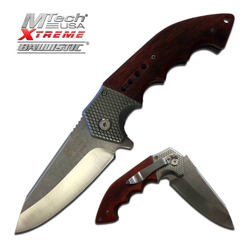 Mtech Heavy Tactical Spring Assist Knife With Brown Pakkawood Handle