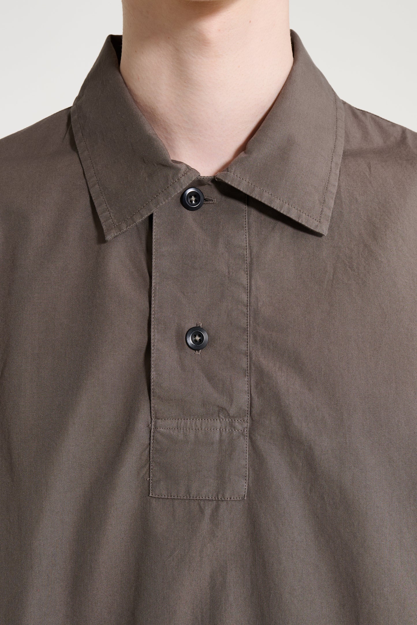 Margaret Howell MHL Offset Placket Polo Washed Cotton Poplin Mole
