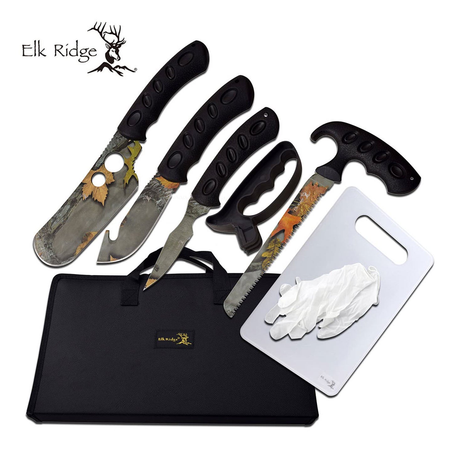 Hunting Knife Set 8-Pc. Camo Blade Skinning Kit + Case, Sharpener