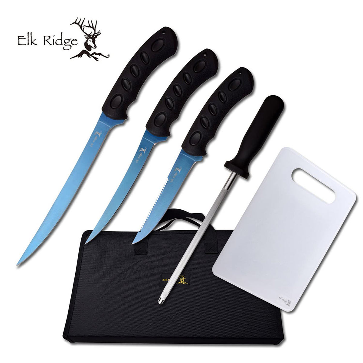 Hunting Knife Set 5-Pc. Blue Titanium Fishing Fillet Blade Kit + Case - TOPHATTER'S ARMORY DEALS