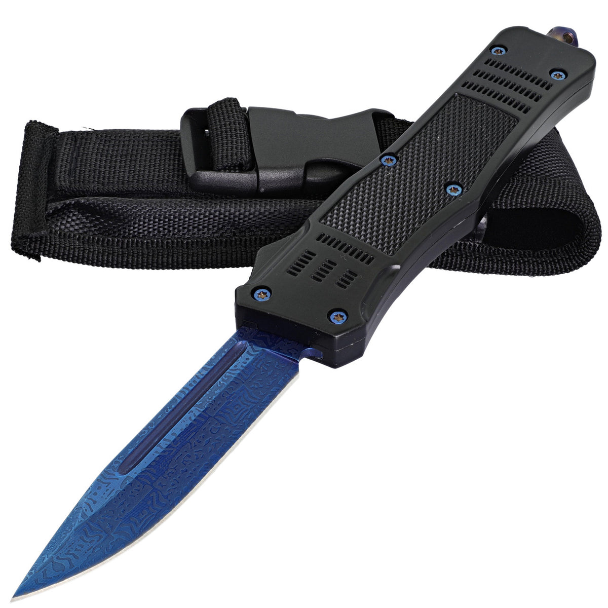 9.5" Damascus Textured Blue Clip Point Blade OTF Out the Front Knife - TOPHATTER'S ARMORY DEALS