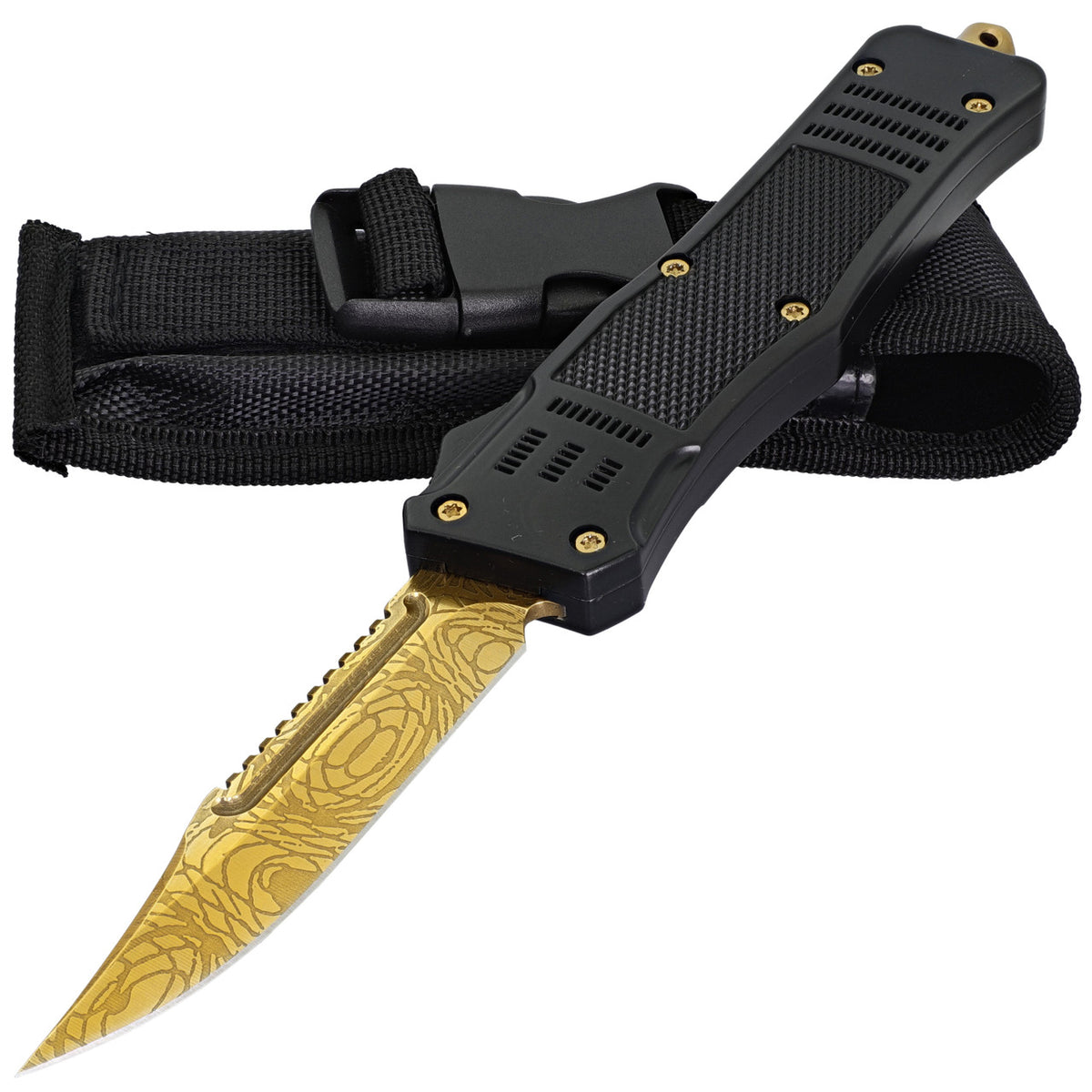 9.5" Damascus Textured Gold Clip Point Blade OTF Knife - TOPHATTER'S ARMORY DEALS