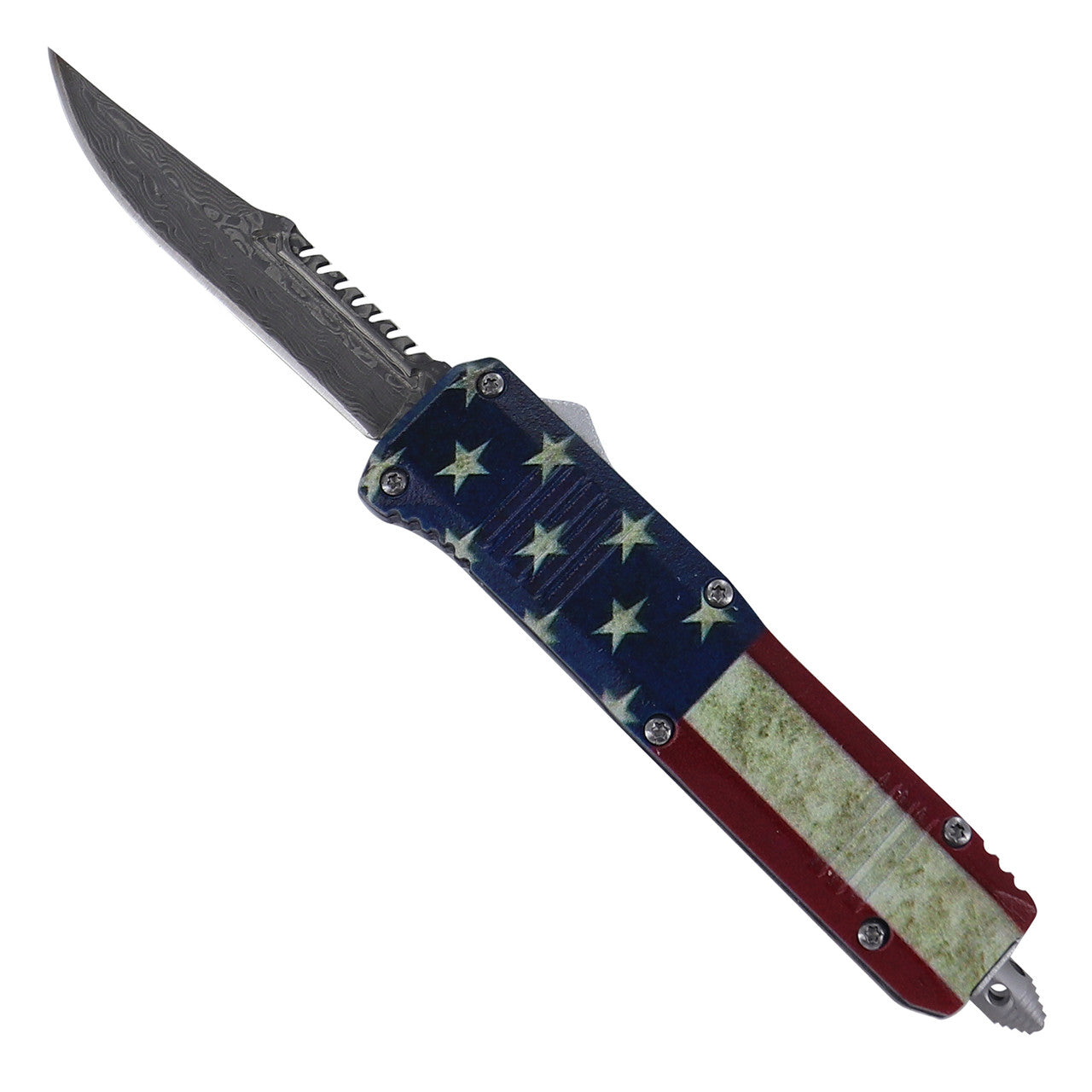 6.9" Red White and Blue-Blooded Damascus Steel Automatic OTF Knife