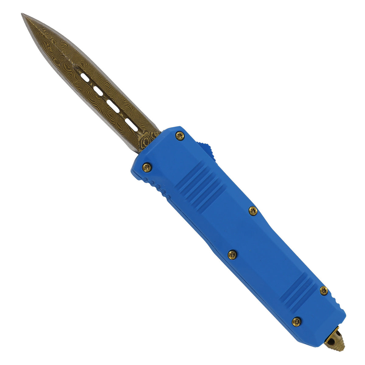6.75" Damascus Steel Gold Spear Point Automatic Out The Front Knife - TOPHATTER'S ARMORY DEALS
