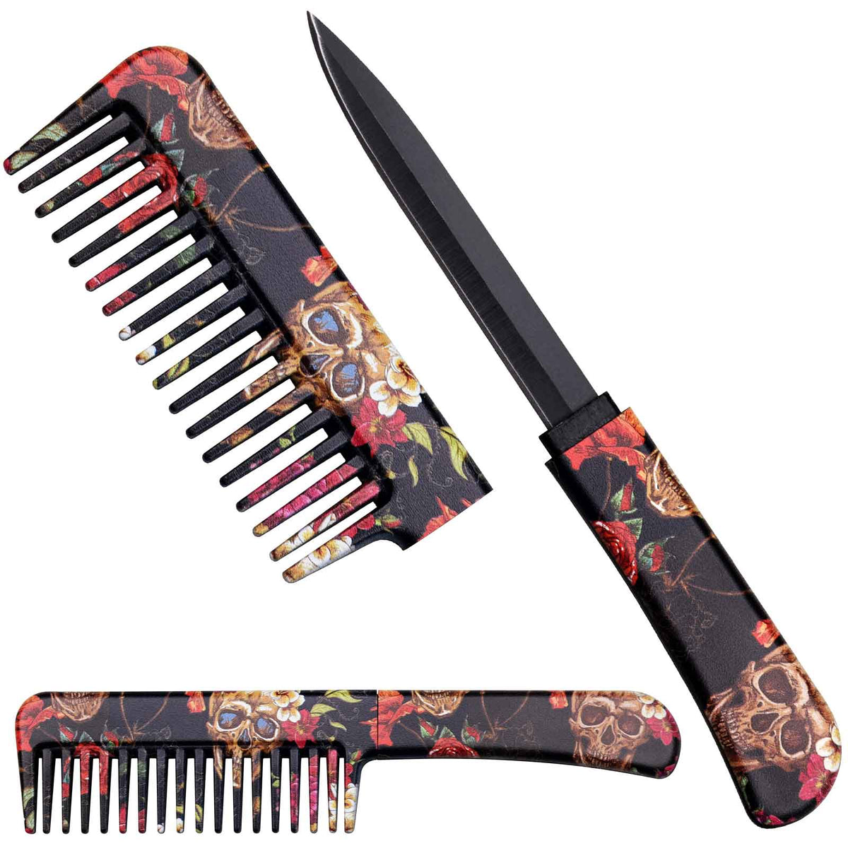Self Defense Brush Comb With Hidden Knife - Skull and Roses - TOPHATTER'S ARMORY DEALS