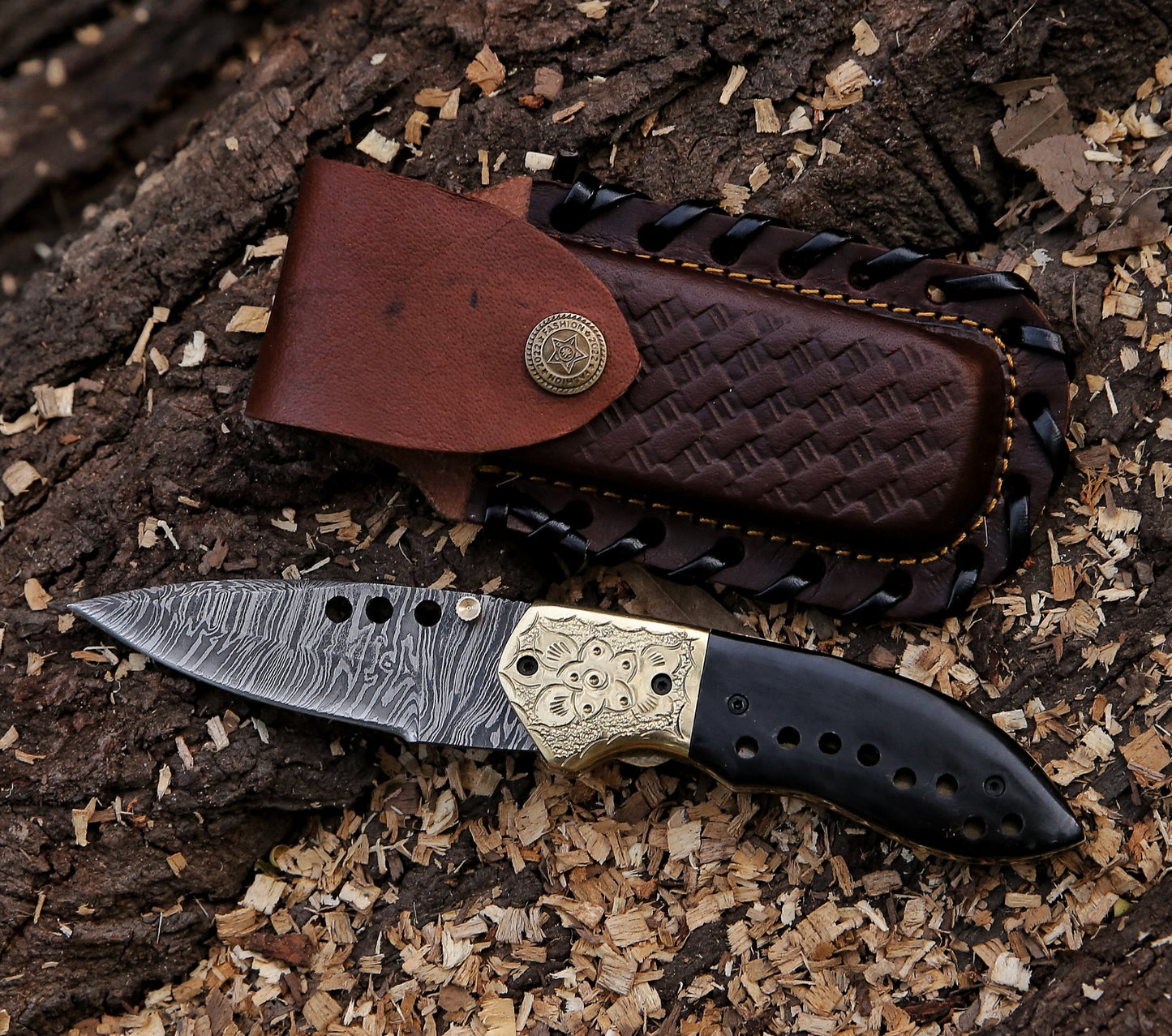 7.7" Damascus Steel Custom Handmade Folding Pocket Knife Horn Handle