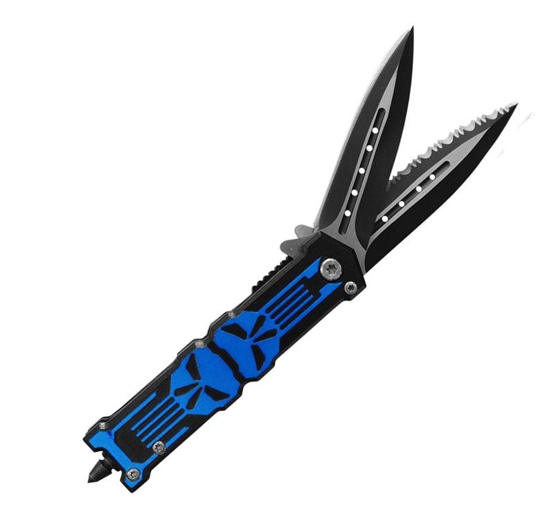 Twin Bladed Punisher Spring Assisted Knife With Glass Breaker Blue - TOPHATTER'S ARMORY DEALS
