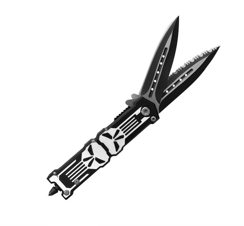 Twin Bladed Punisher Spring Assisted Knife With Glass Breaker - TOPHATTER'S ARMORY DEALS